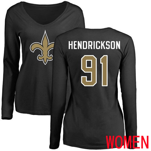 New Orleans Saints Black Women Trey Hendrickson Name and Number Logo Slim Fit NFL Football #91 Long Sleeve T Shirt